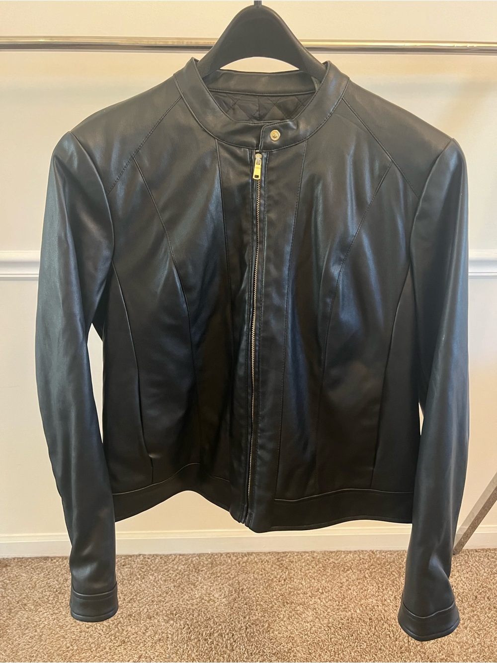 Cole Haan Black Faux Leather Zip Jacket with Snap Collar